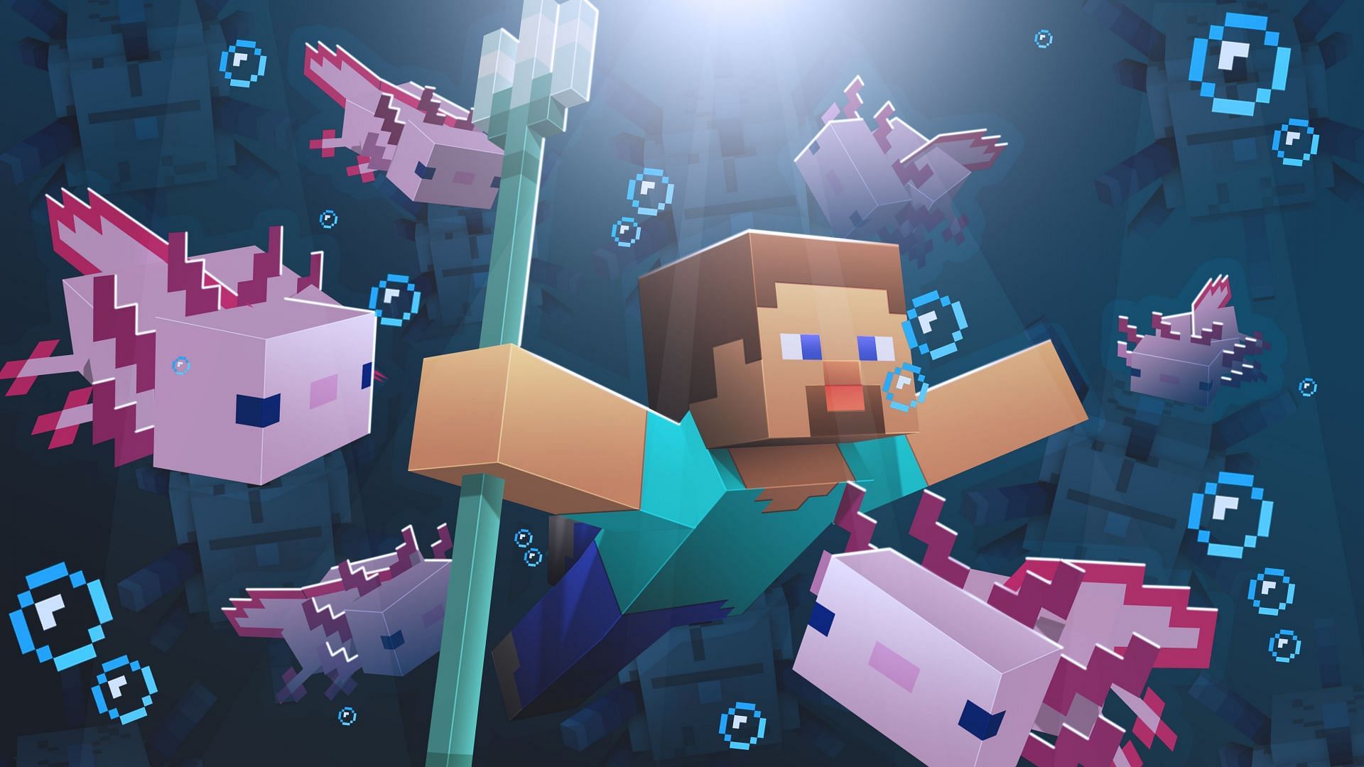 Steve swimming along with a school of axolotls (Image via Minecraft)