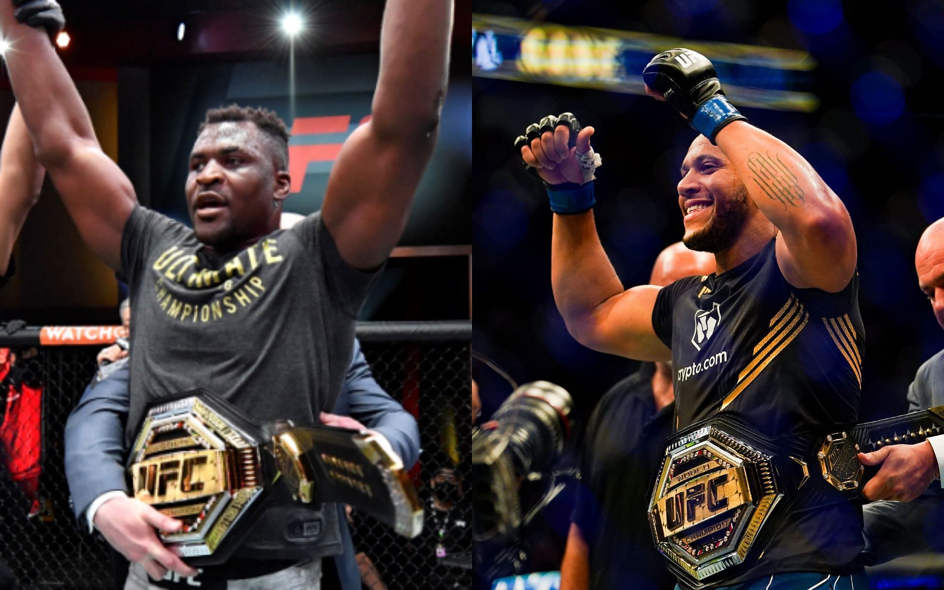 UFC heavyweight champion Francis Ngannou (left) and the division&#039;s interim titleholder Ciryl Gane (right)