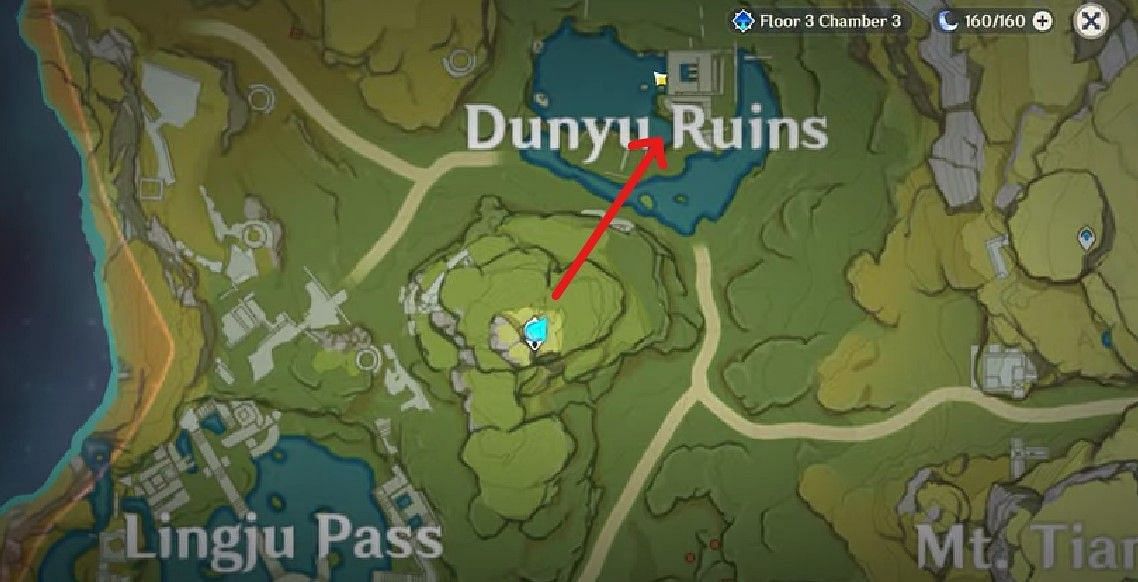 Location of second Nameless Treasure in Dunyu Ruins (Image via Genshin Impact)