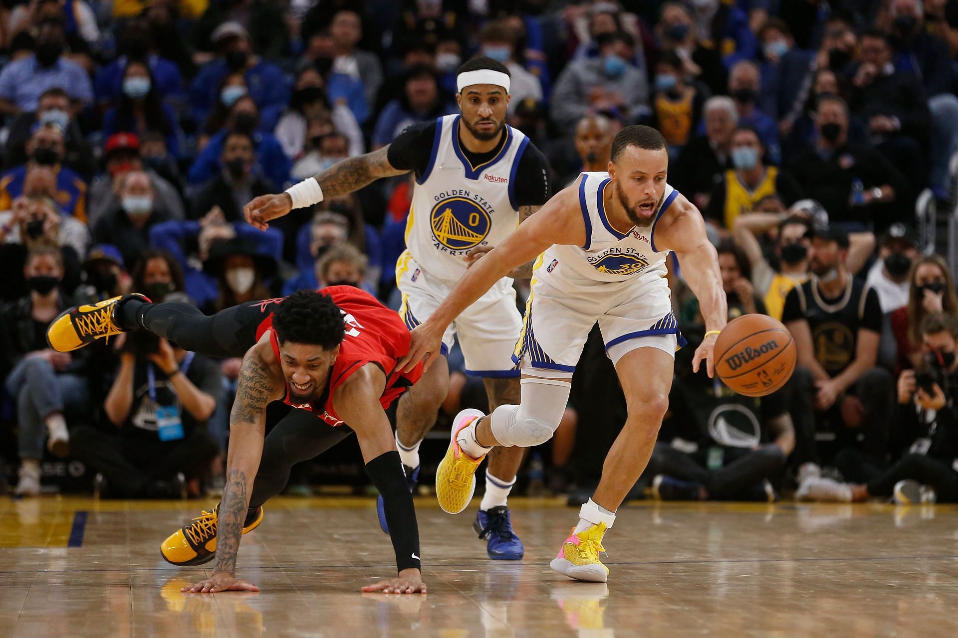 Curry in action during Houston Rockets v Golden State Warriors game