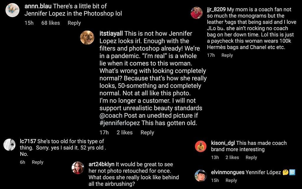 Comments under Jennifer Lopez&#039;s latest pictures (Image via Instagram)