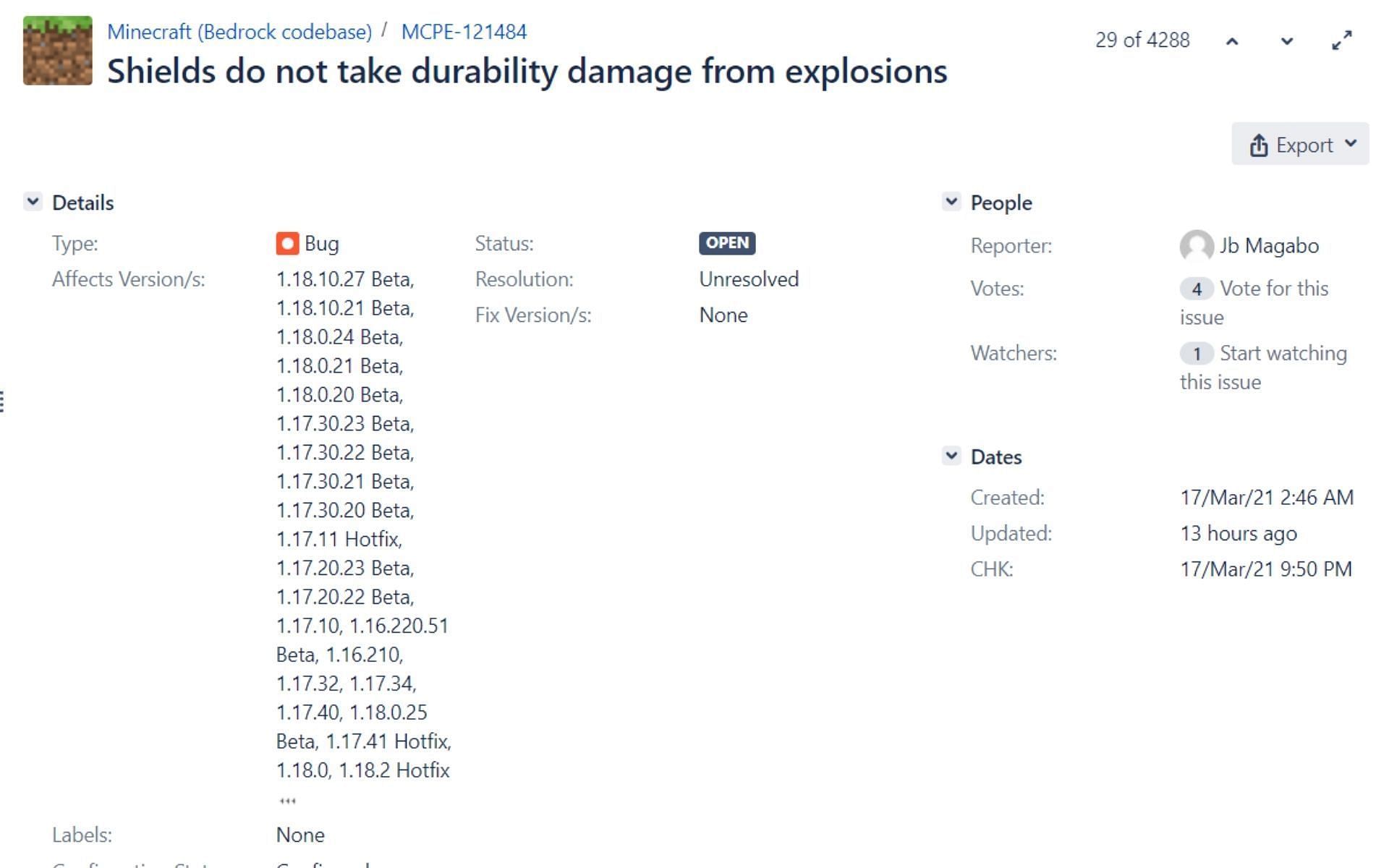 The bug report regarding shield durability (Image via Mojang)
