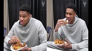 Watch: Giannis Antetokounmpo continues to be goofy at postgame pressers, shows up with a bucket of chicken wings