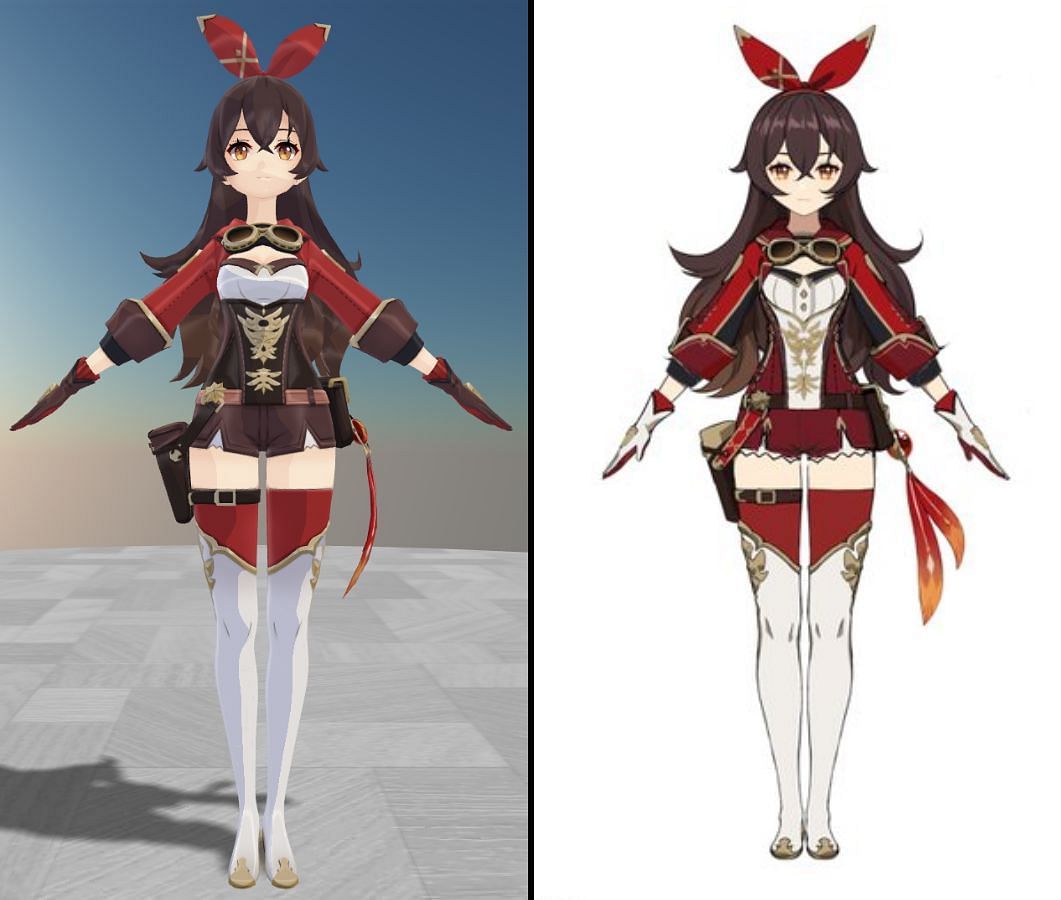 Amber&#039;s old 3D model is on the left, the supposed new outfit is on the right (Image via Genshin Impact)