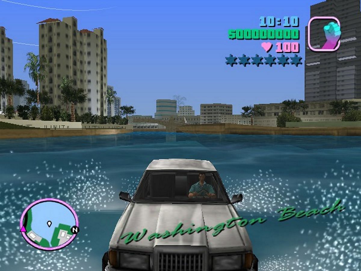 An example of Tommy Vercetti driving a car on water (Image via Rockstar Games)