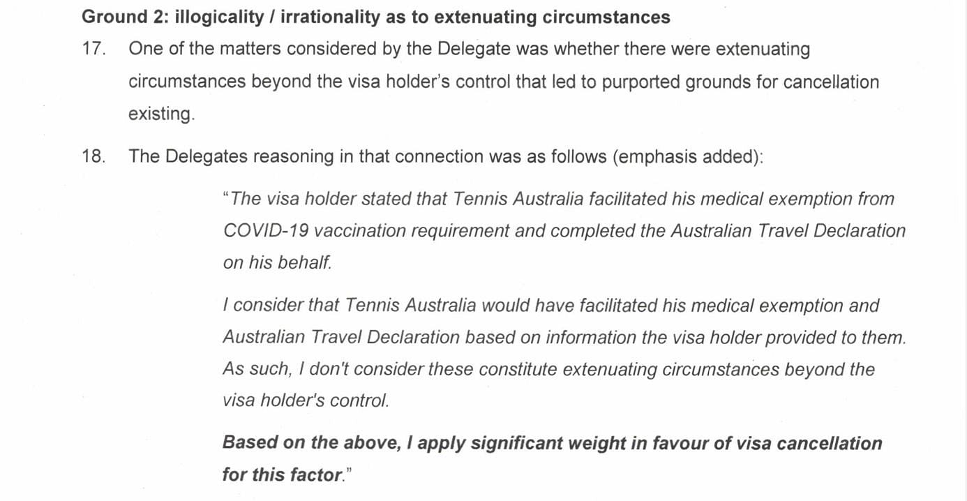 Part of the application which explains why Djokovic&#039;s visa was canceled
