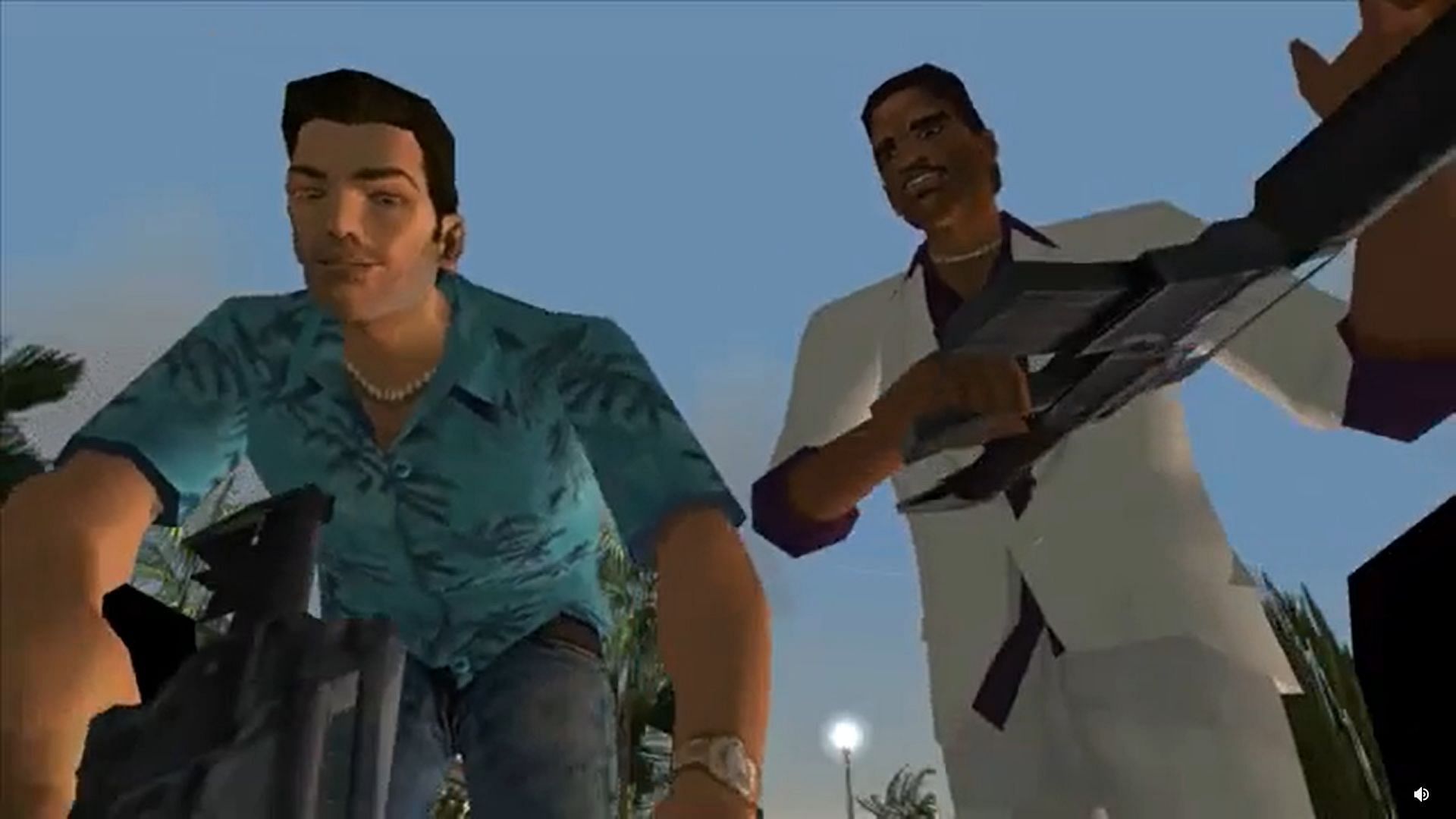 Tommy and Vance laughing before taking out Diaz in GTA Vice City (Image via Sportskeeda)