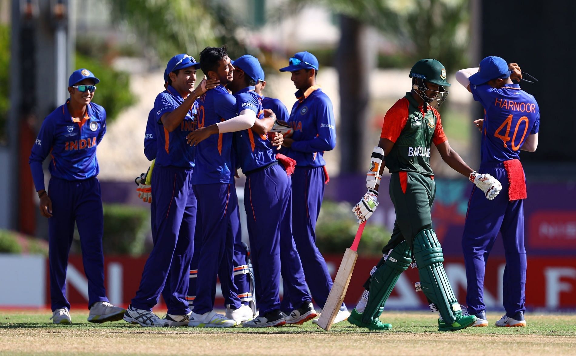 India celebrate a wicket against Bangladesh in the U19 World Cup 2022 quarter-final. Pic: BCCI