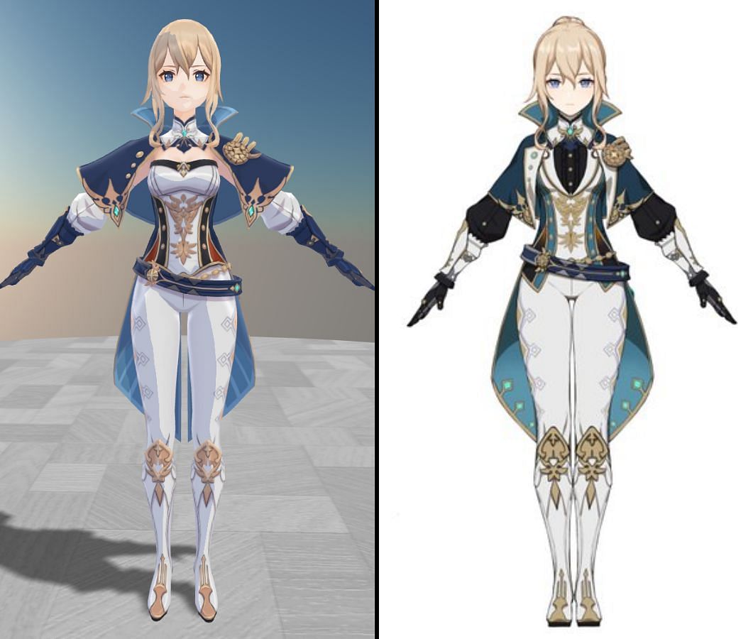 Jean&#039;s old 3D model is on the left, the supposed new outfit is on the right (Image via Genshin Impact)