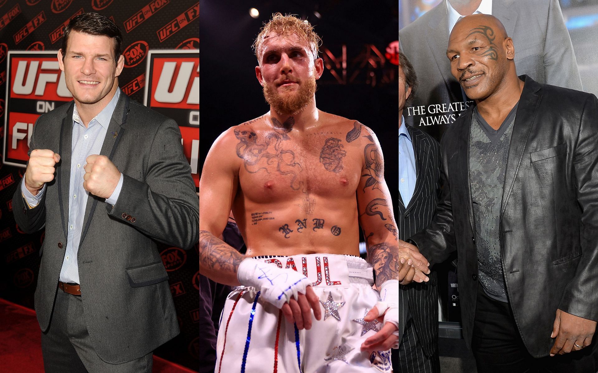 Combat sports superstars Michael Bisping (left), Jake Paul (center), and Mike Tyson (right)