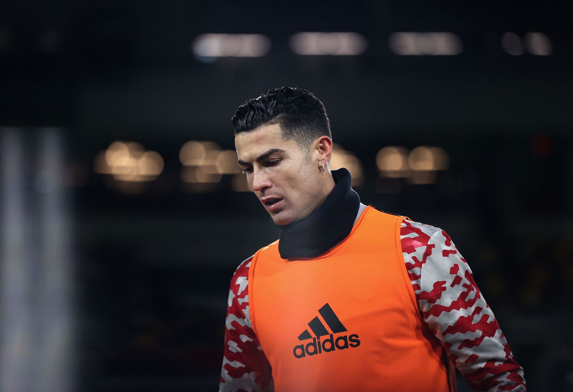 Cristiano Ronaldo warms up ahead of the game against Brentford in the Premier League