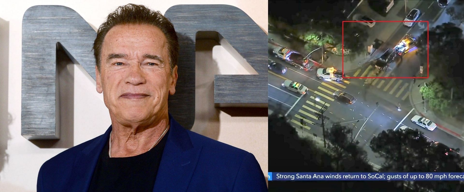 Arnold Schwarzenegger and his black GMC Yukon were involved in a crash (Image via Dave J Hogan/Getty Images, and KTLA 5)