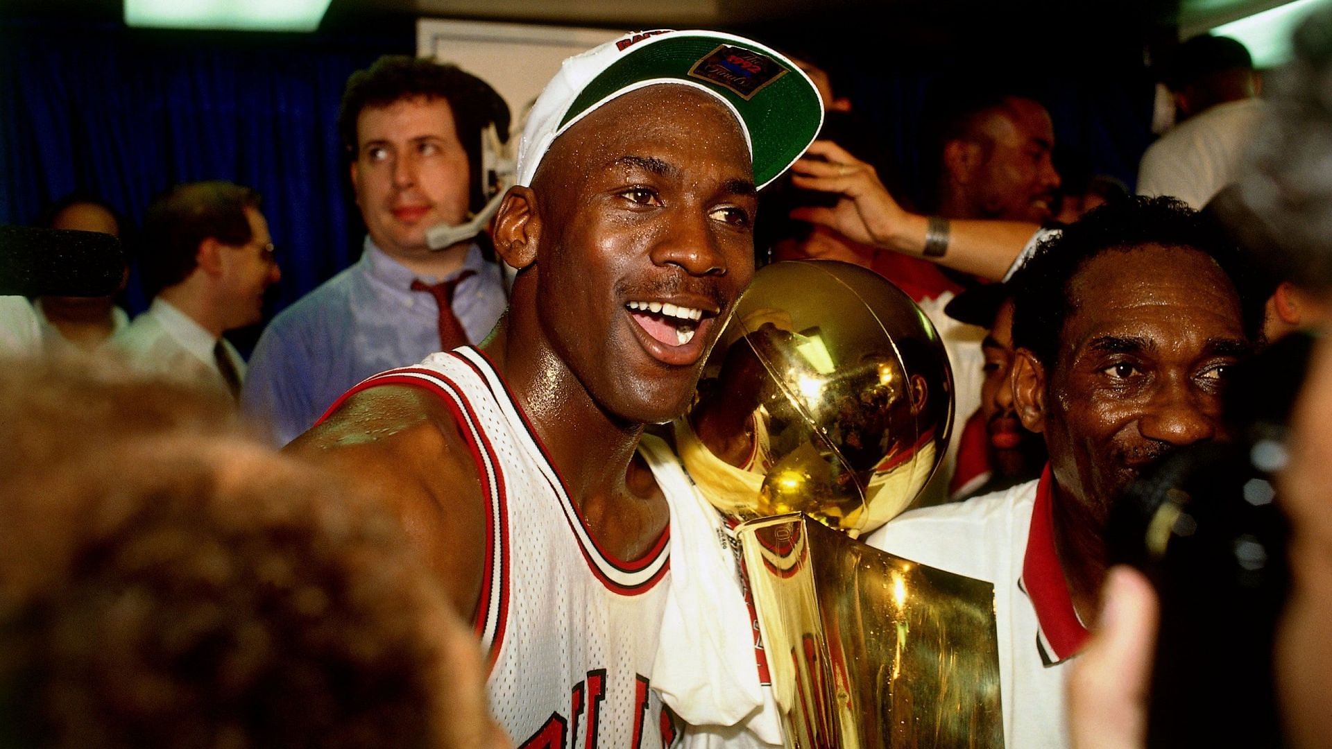 Michael Jordan with the Larry O'Brien Trophy.