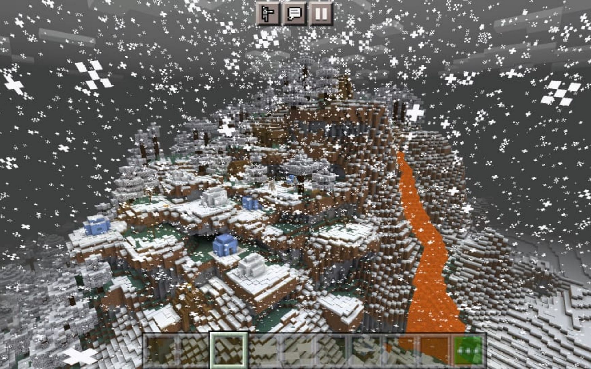 Village on a mountain slope with an exposed dungeon (Image via Minecraft)