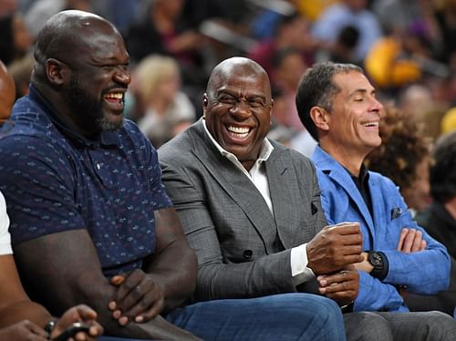 Shaquille O'Neal, Magic Johnson and Rob Pelinka