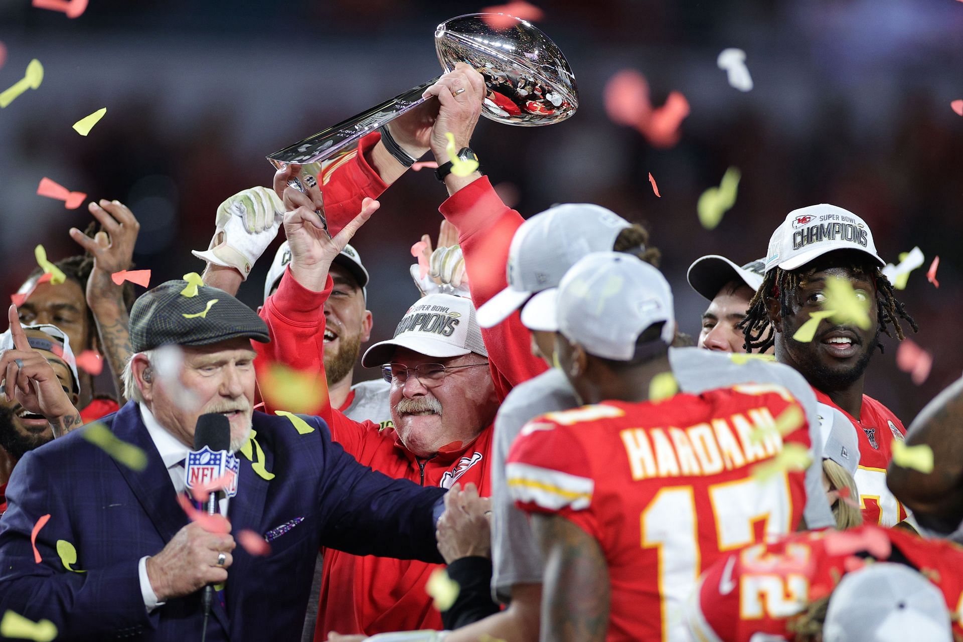 Andy Reid celebrating a Kansas City Chiefs Super Bowl victory
