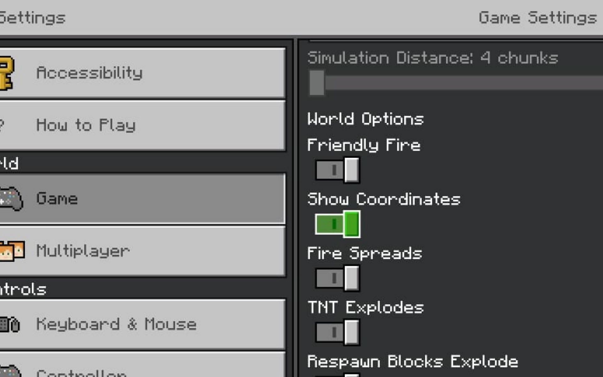 Enable the &#039;Show Coordinates&#039; option (Image via Minecraft)