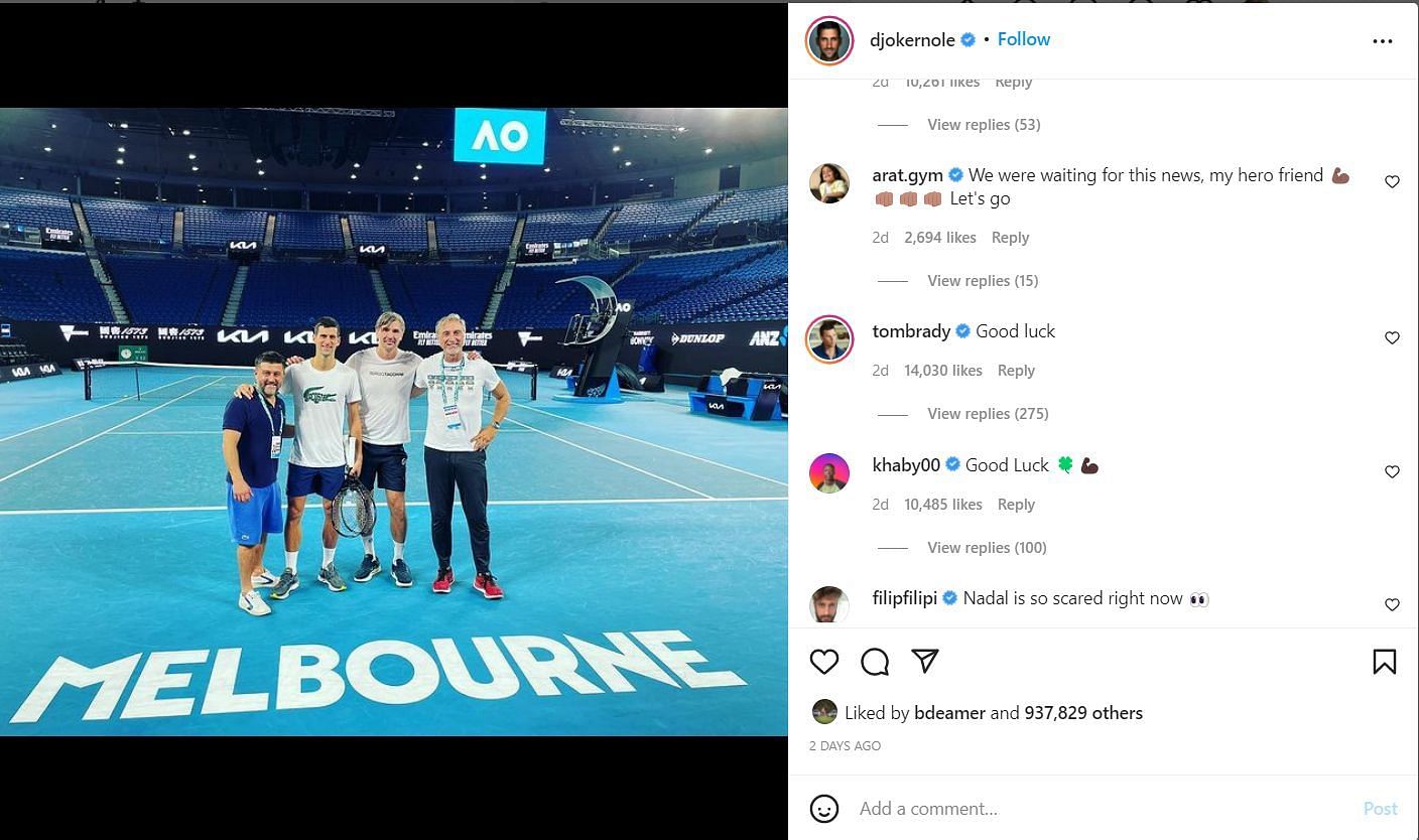 Brady wishing Djokovic good luck on Instagram