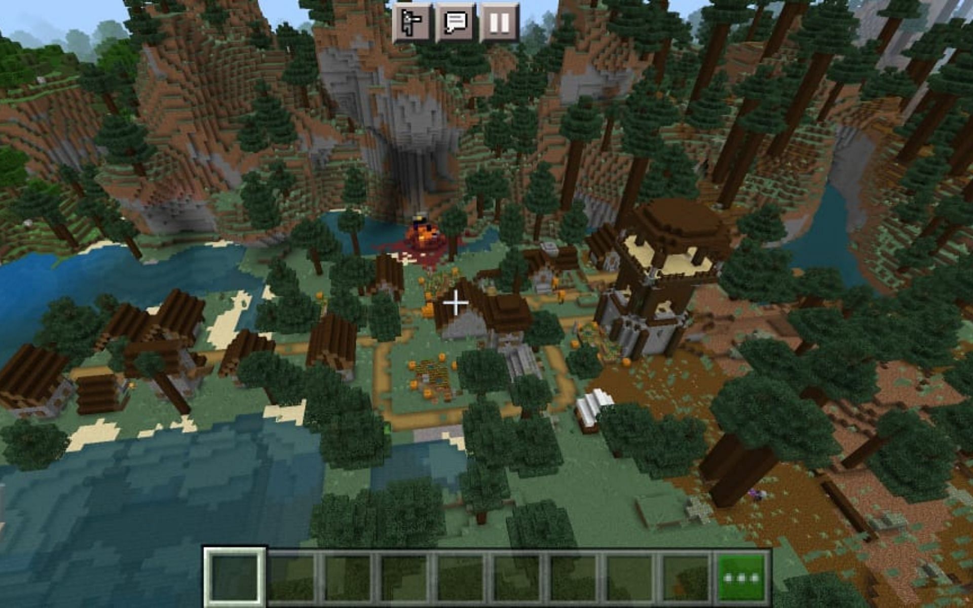 Village with an Outpost at its entrance (Image via Minecraft)