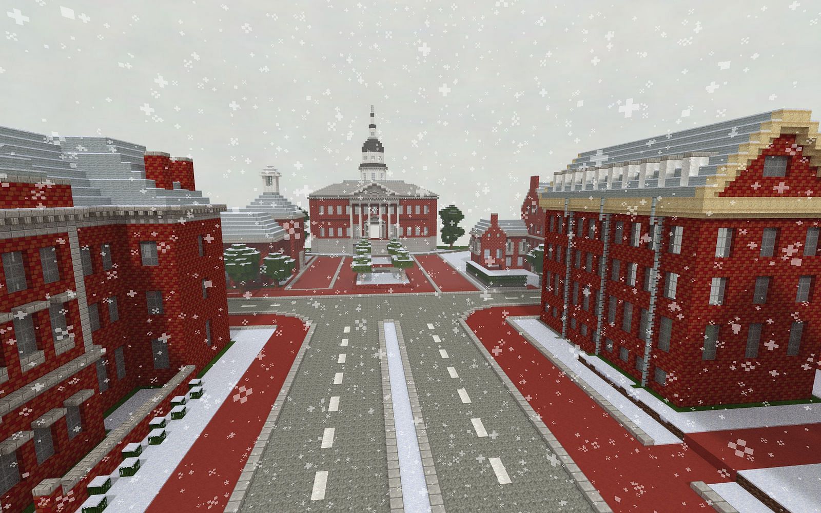 Winter cities are visually appealing and lack major obstuctions during building (Image via Mojang)