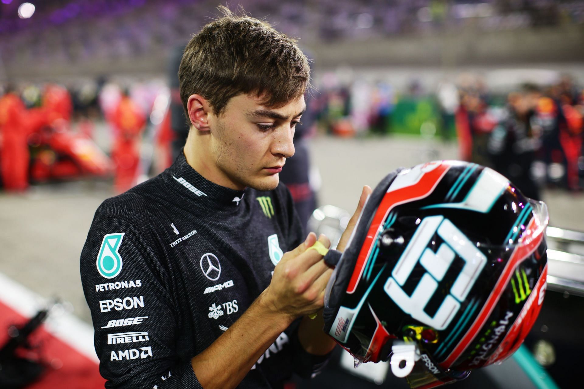 George Russell in Mercedes overalls at the Sakhir GP 2020 (Photo by Peter Fox/Getty Images)