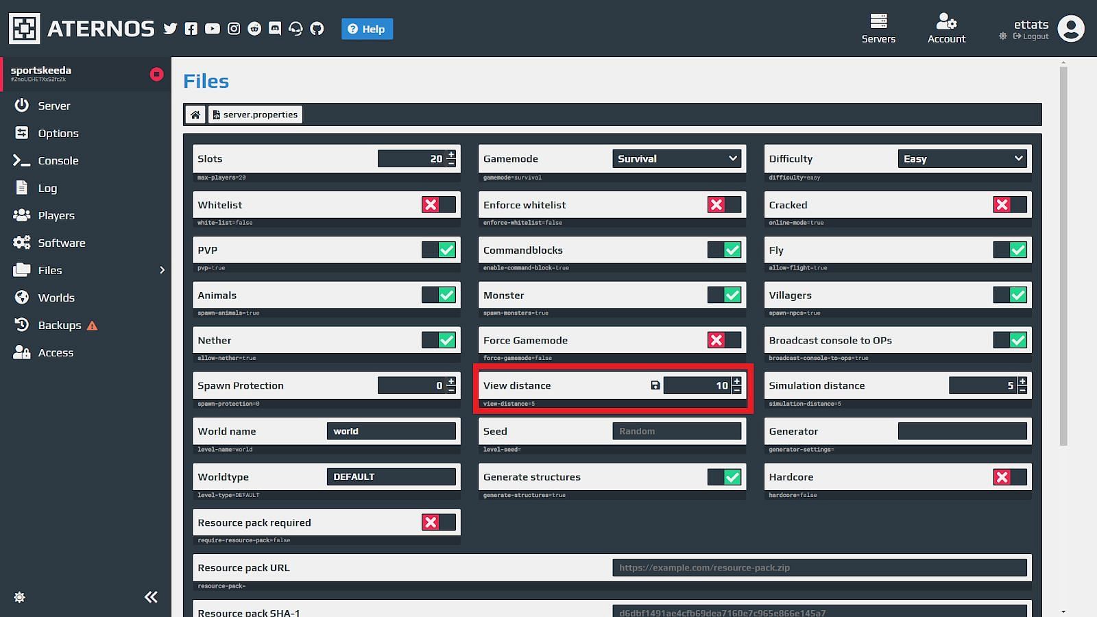 Removing fog on an Aternos server (Image via Aternos)