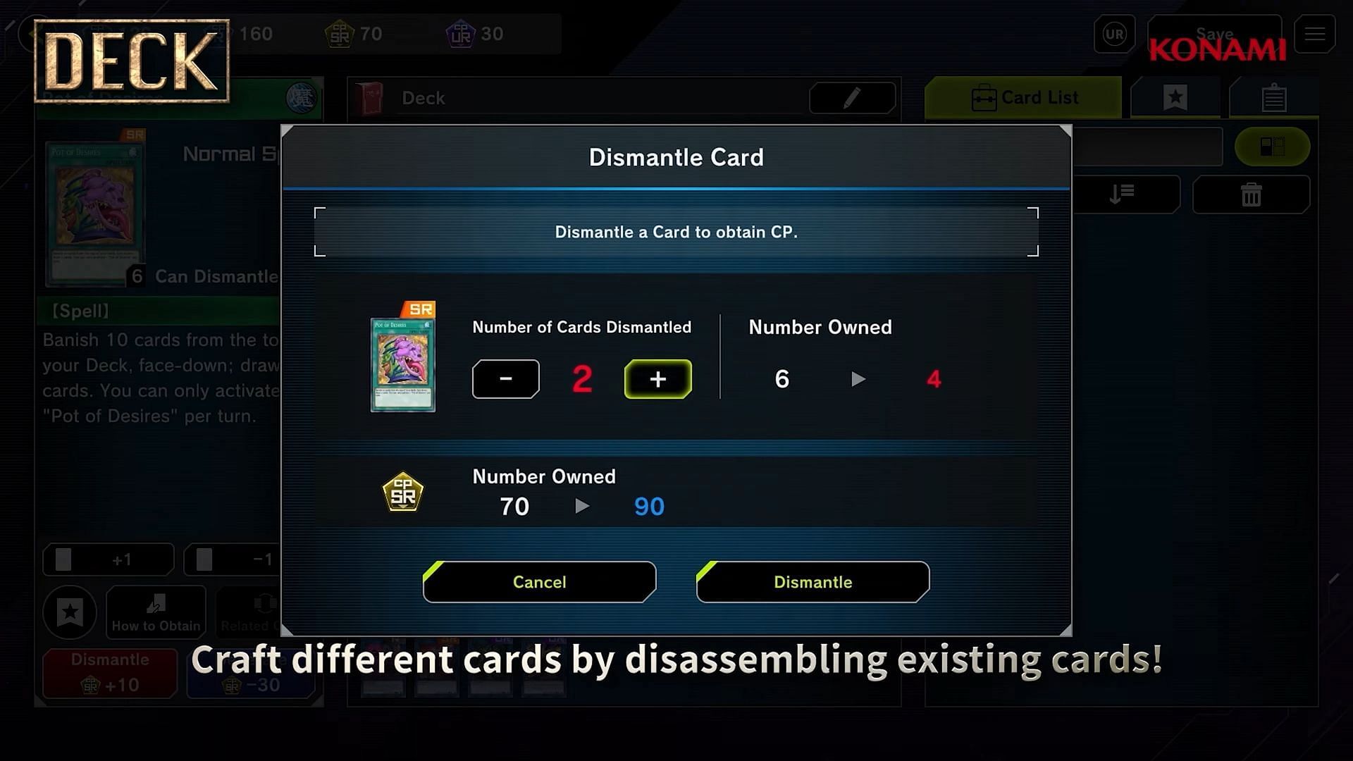 Dismantling a card can give much-needed CP, but make sure that card won&#039;t be missed (Image via Konami)