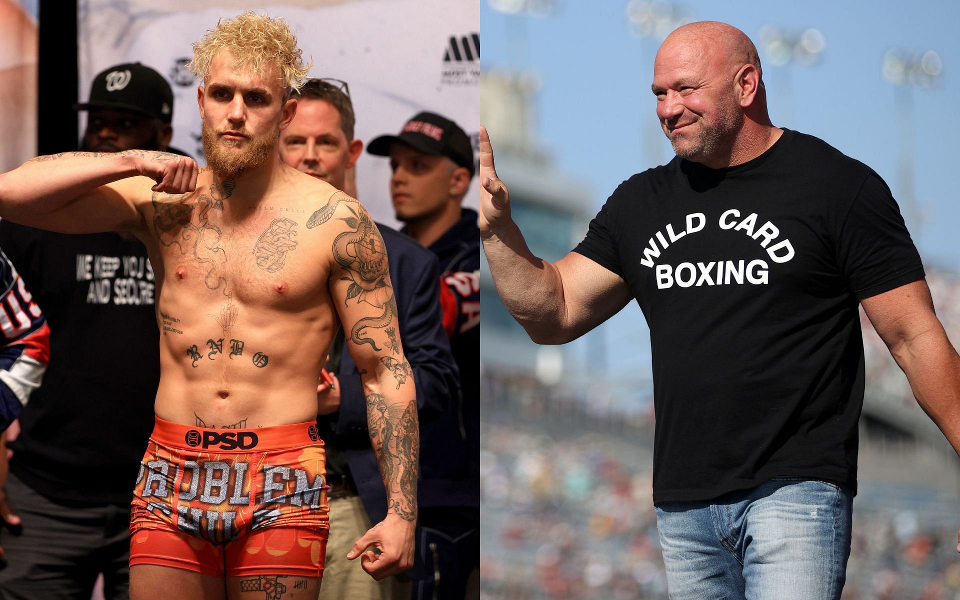 YouTuber-turned-boxer Jake Paul at a weigh-in (left) and UFC president Dana White at a rally (right)