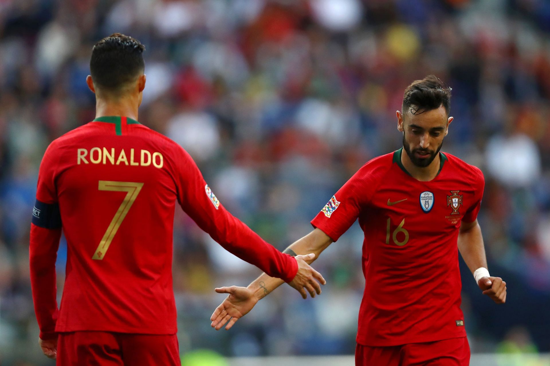 Cristiano Ronaldo (#7) and Bruno Fernandes in action for Portugal