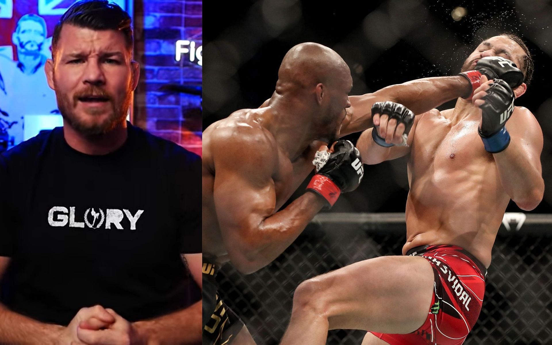 Michael Bisping (left) via. Youtube/MichaelBisping; Kamaru Usman (center) vs. Jorge Masvidal (right) in action at UFC 261