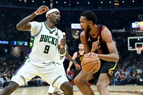 Milwaukee Bucks v Cleveland Cavaliers; Evan Mobley driving against Bobby Portis