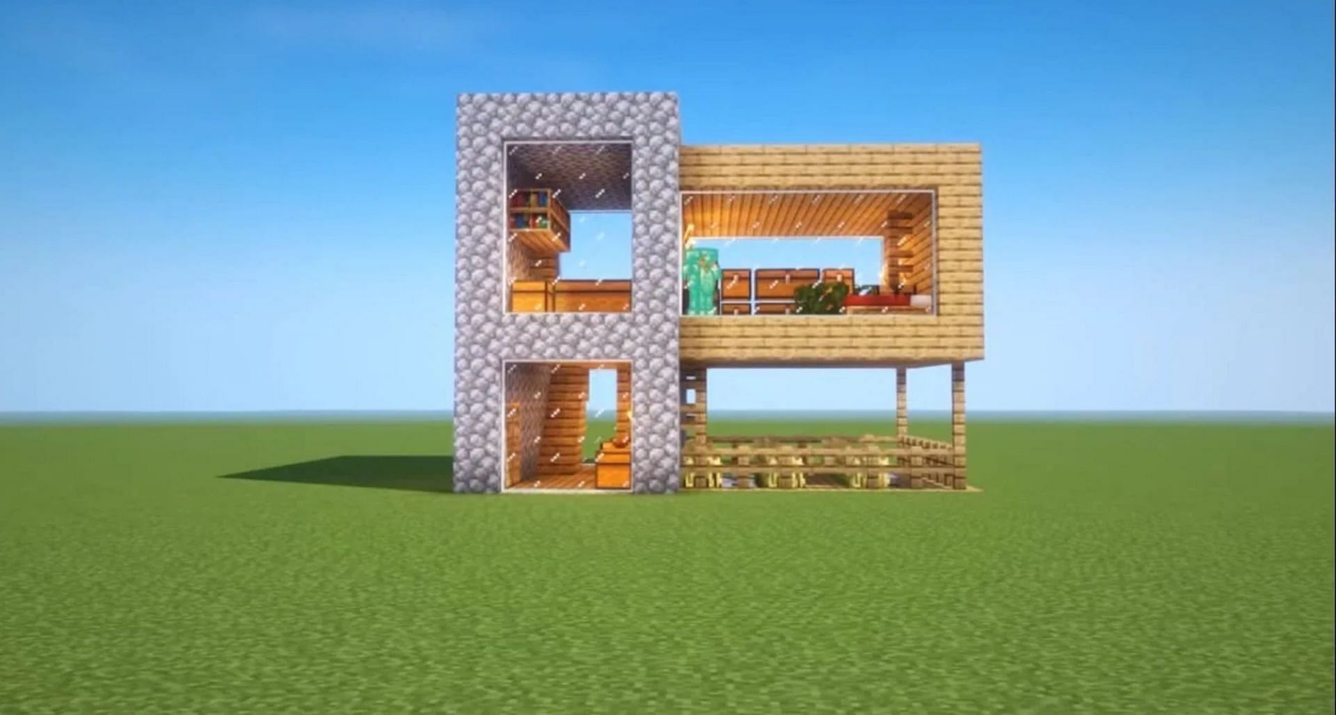 لوح خشبي أساسي ومنزل مرصوف بالحصى بواسطة Drew Builds (الصورة من Mojang)