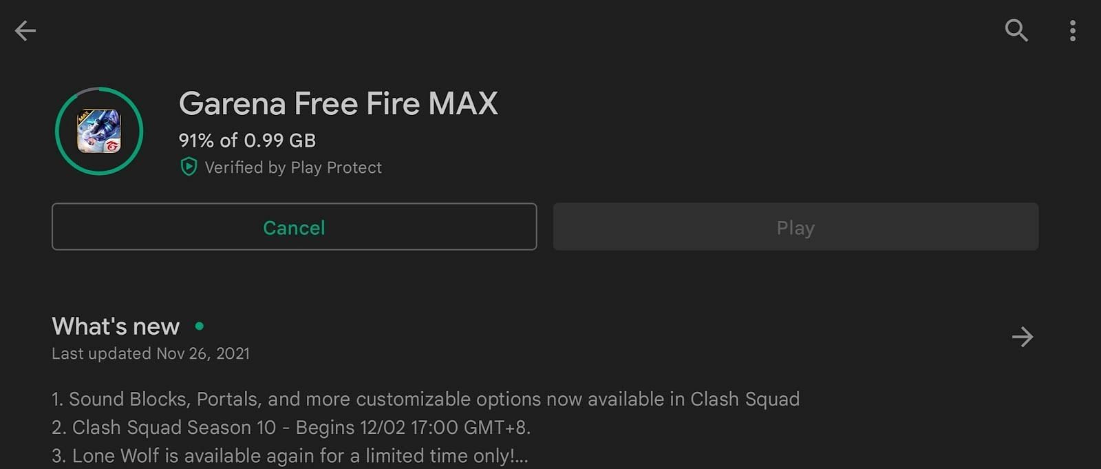 Download size of Garena Free Fire MAX (Image via Google Play)