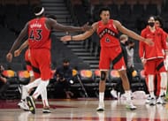Scottie Barnes and Pascal Siakam of the Raptors celebrate
