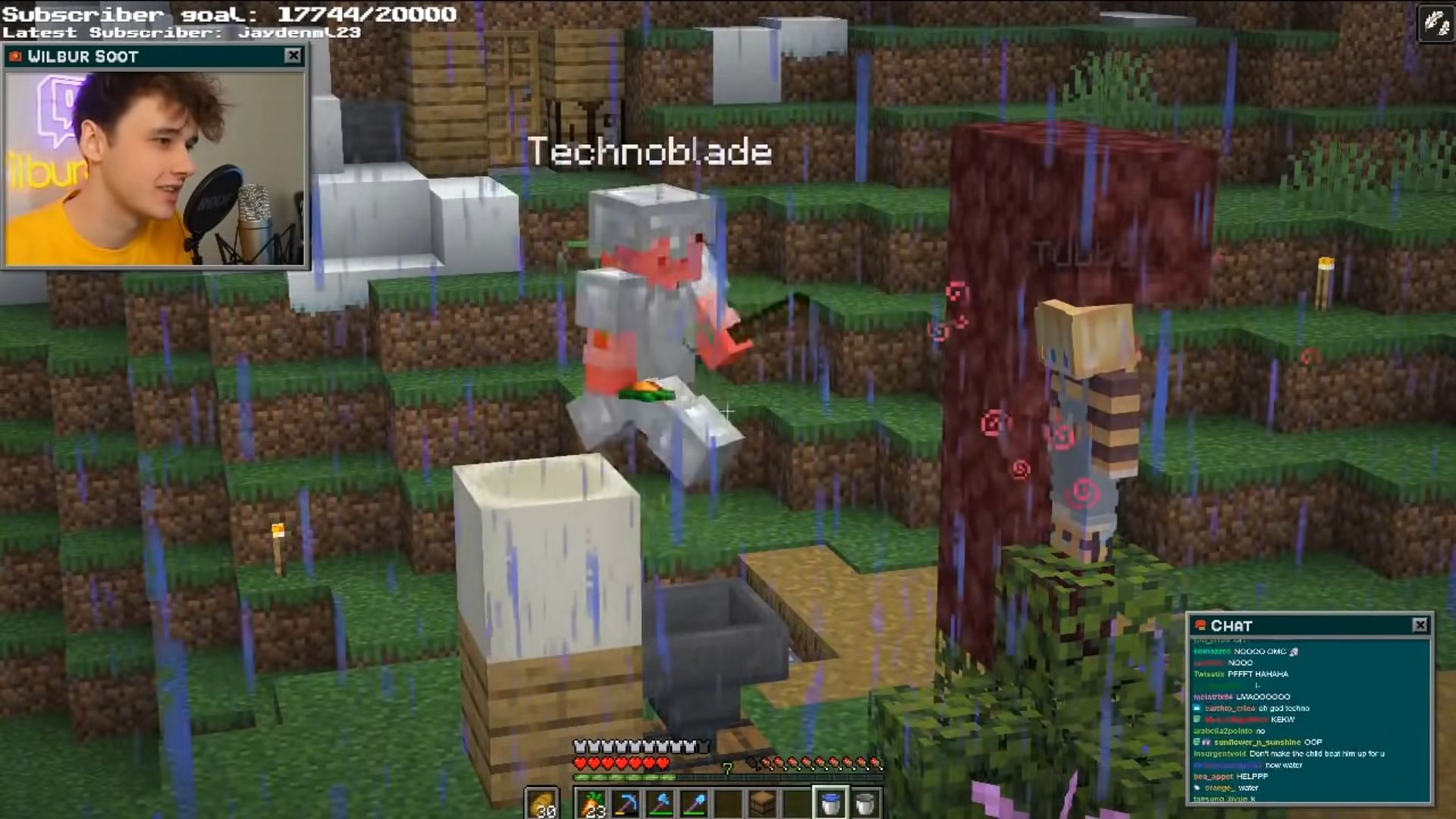 Wilbur Soot and Tubbo farming rabbit&#039;s foot from Technoblade (Image via Canooon YouTube)