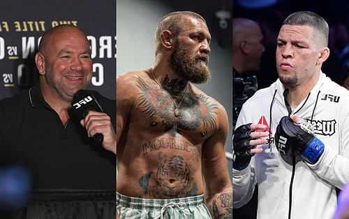 Dana White(left);Conor McGregor(centre) via Instagram/ @thenotoriousmma;Nate Diaz(right)