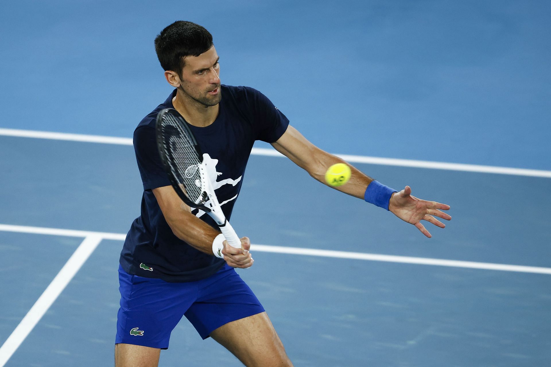 Novak Djokovic practicing prior to the 2022 Australian Open