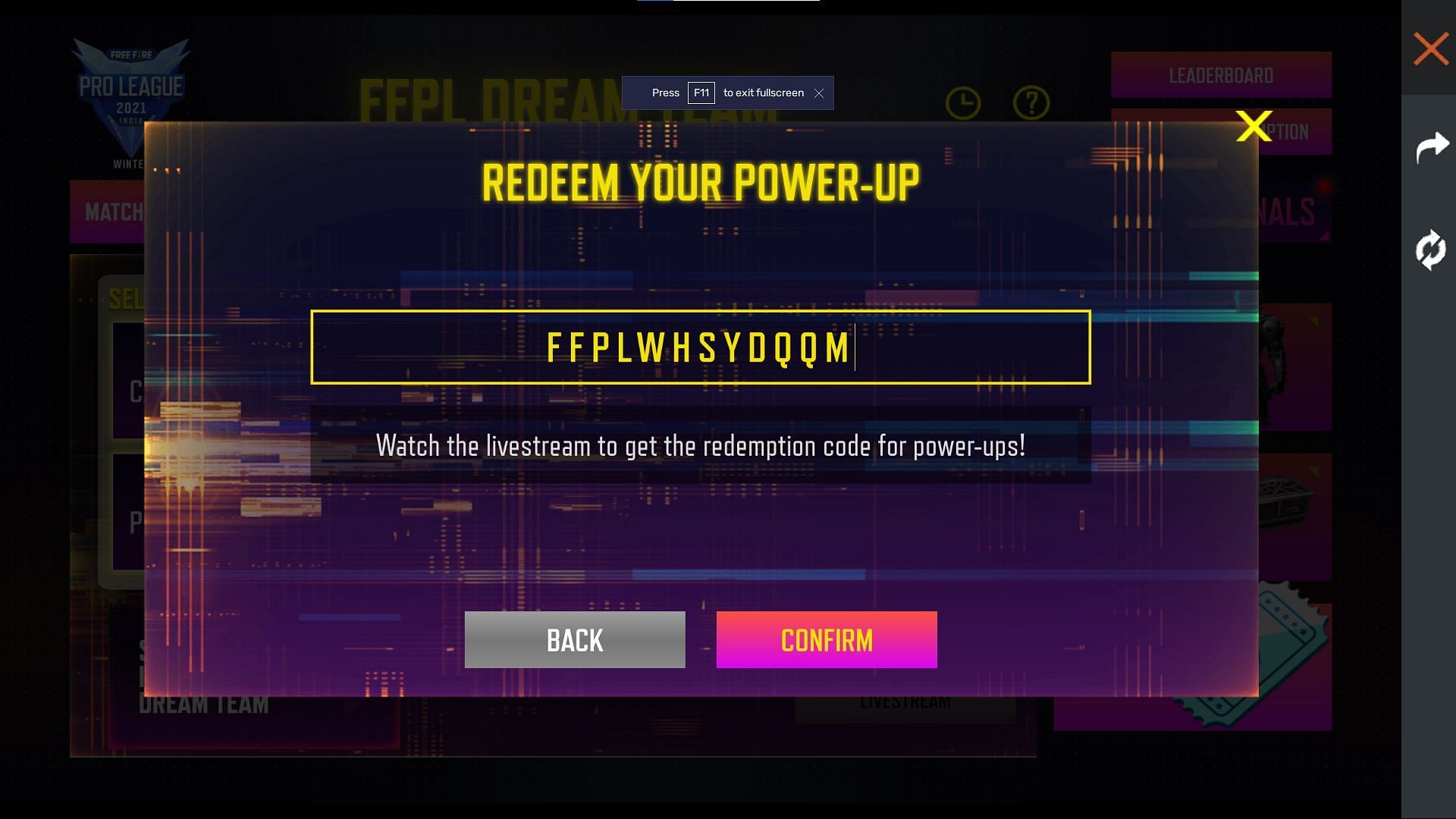This is the redeem code that players have to enter (Image via Garena)