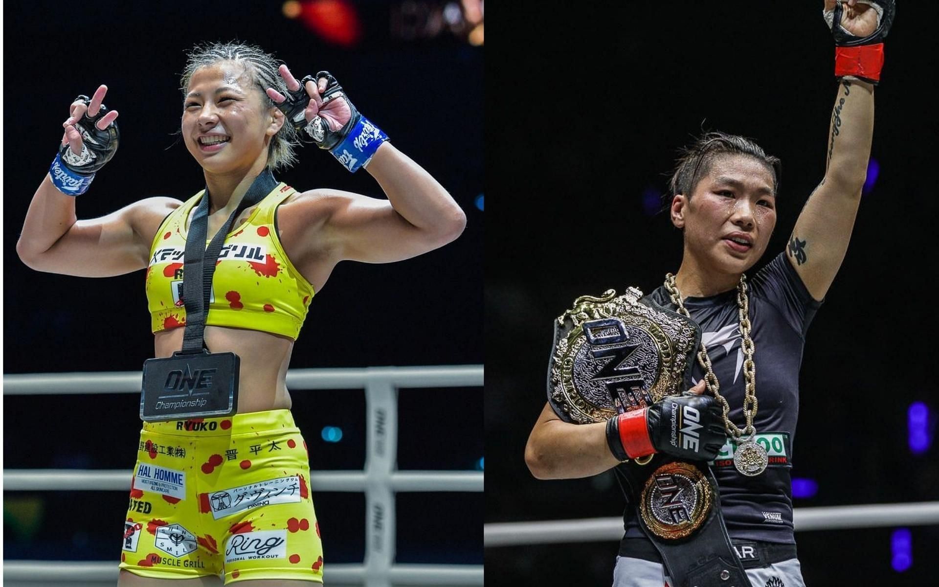 Watch ONE Championship online for ONE: Heavy Hitters on January 14. The event will be headlined by Ayaka Miura (left) as she challenges Xiong Jing Nan (right) for the ONE strawweight belt. (Image courtesy of ONE Championship)