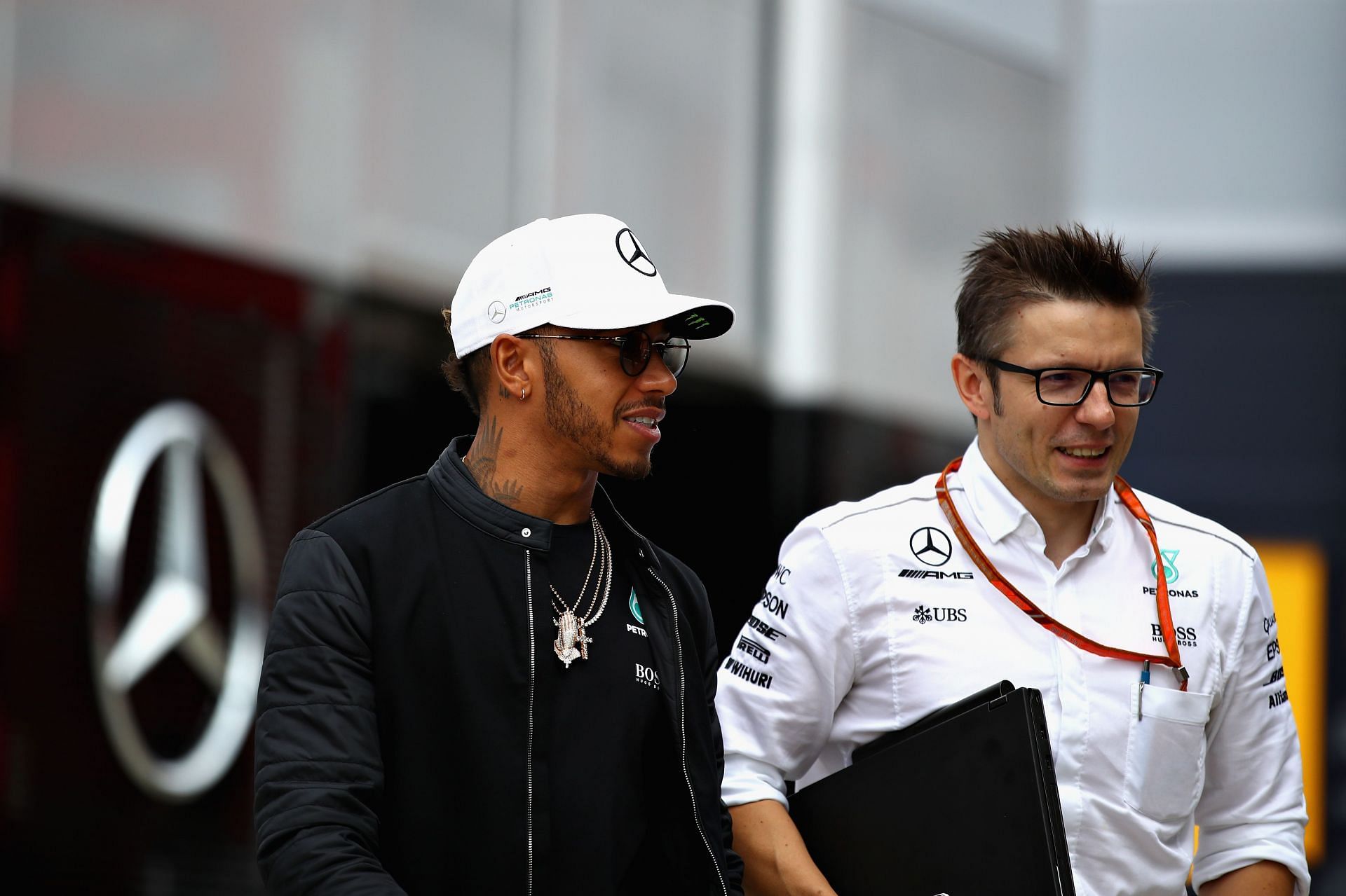 F1 Grand Prix of Great Britain - Previews - Lewis Hamilton with his race engineer Peter Bonnington in the paddocks (Photo by Clive Mason/Getty Images)