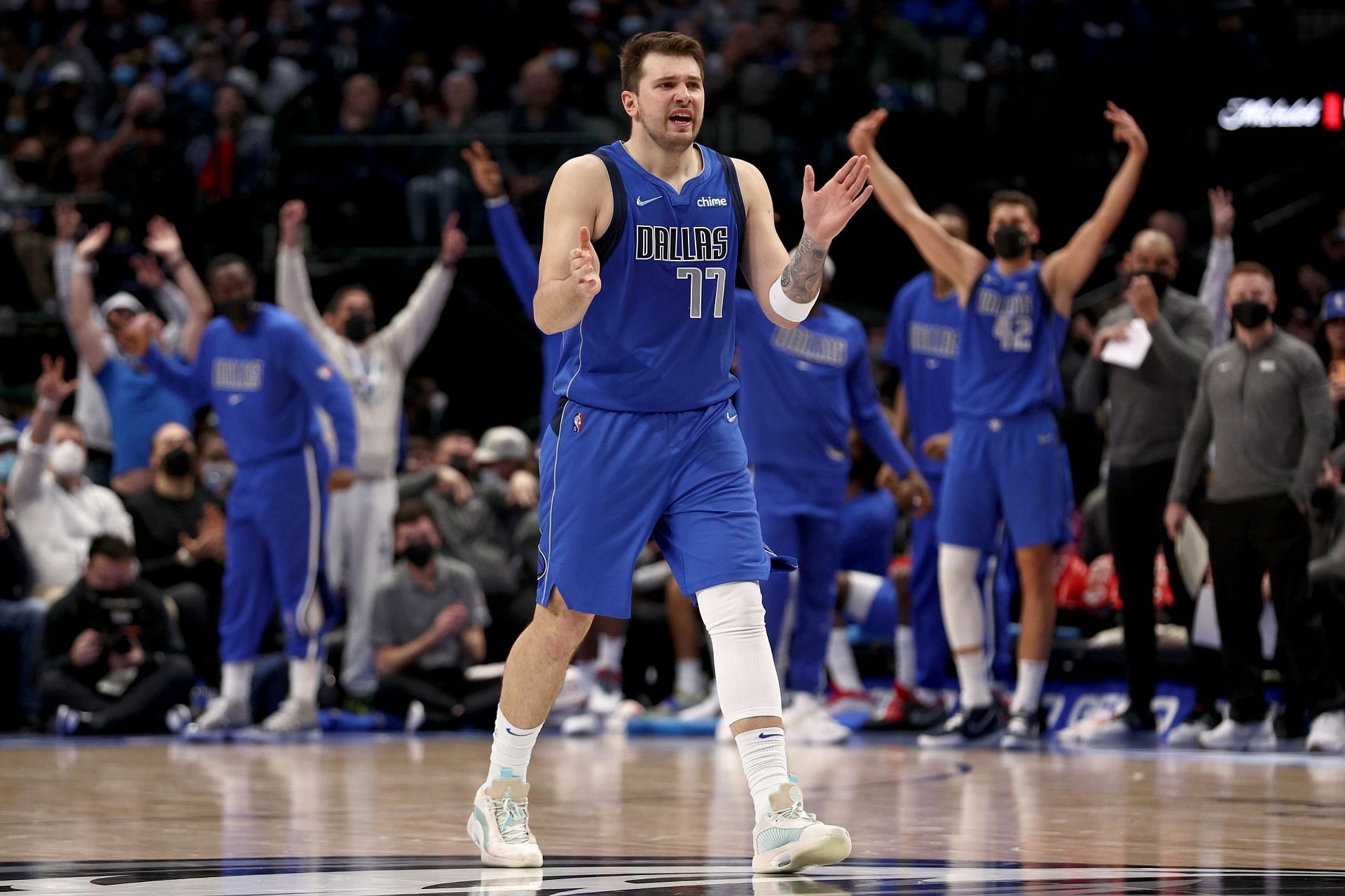 Luka Doncic reacts to a Dallas Mavericks play.