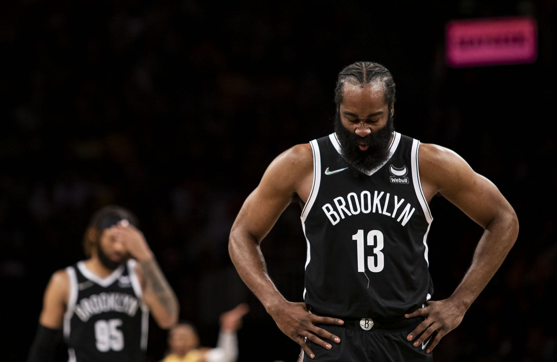 James Harden of the Brooklyn Nets reacts against the LA Lakers at Barclays Center on Jan. 25 in New York City.