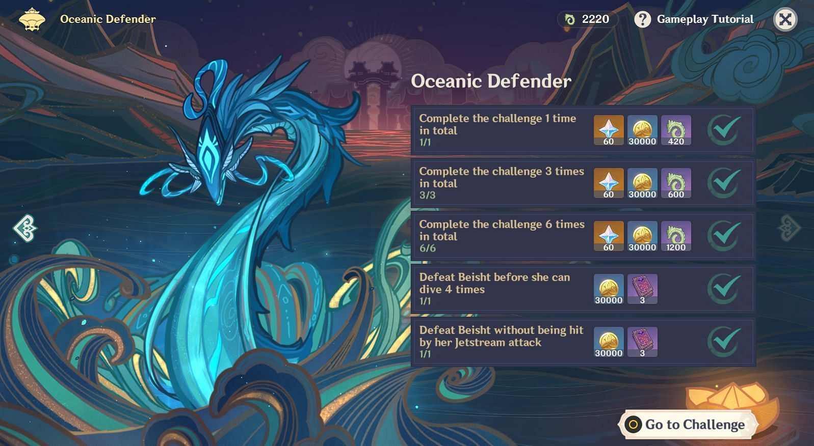 Complete the Oceanic Defender challenge six times (Image via miHoYo)