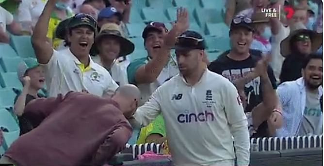 Watch - England spinner Jack Leach gives autograph on a fan's head in Sydney
