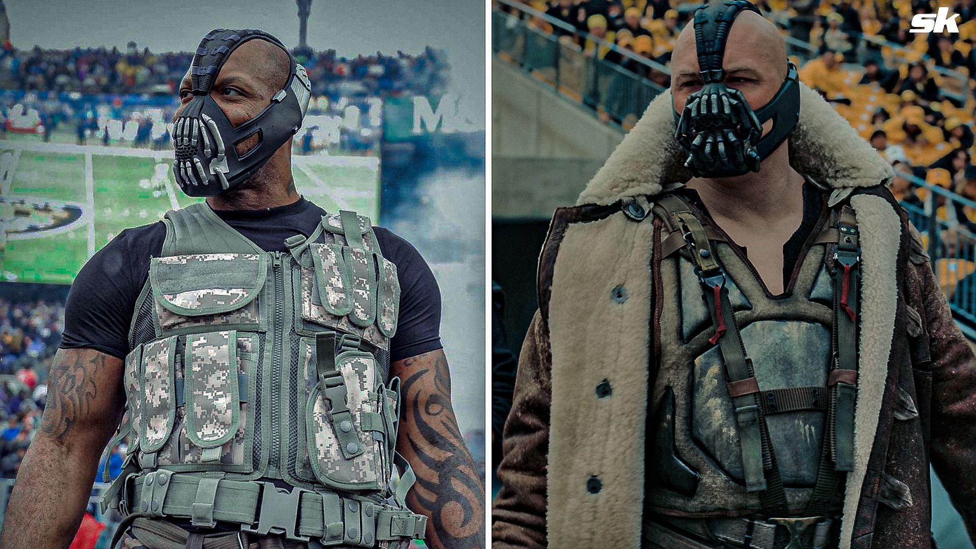 Terrell Suggs enters dressed as Bane