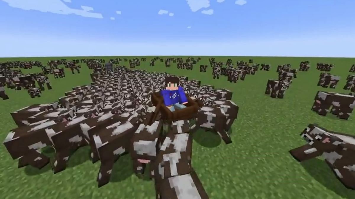Cow surfing, one of the most irregular travel methods in the game (Image via Mojang)