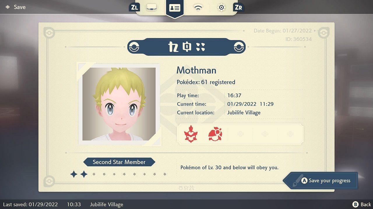 The profile menu where you can save in Pokemon Legends: Arceus (Image via Game Freak)