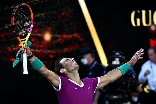 The Spaniard celebrates winning his quarterfinal clash against Shapovalov at the 2022 Australian Open.