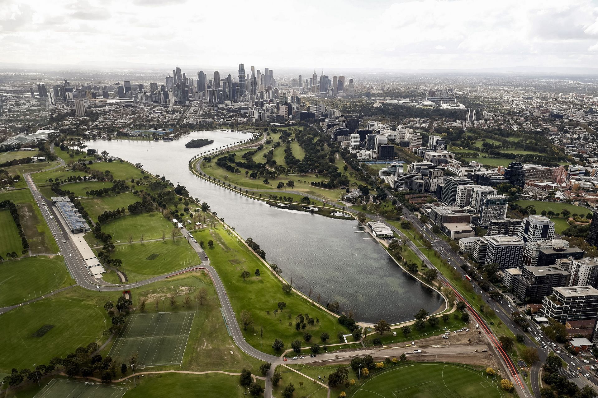 Aerial view of Melbourne&#039;s Albert Park that is used to host the Australian Grand Prix (Photo by Darrian Traynor/Getty Images)