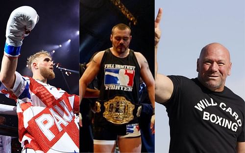 Jake Paul (left), Tim Sylvia (center), Dana White (right) [Credits: @MMAHistoryToday via Twitter]